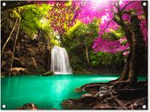 Tuinposter waterval - Bomen - Bladeren - Roze - Natuur - Tuinschilderij voor buiten - Tuindecoratie - Schutting decoratie - 80x60 cm - Tuin - Tuindoek - Schuttingdoek - Tuinposters