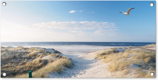 Tuinposter strand - Tuindecoratie zee duinen - 80x40 cm - Tuinschilderij voor buiten - Tuindoek zomer - Wanddecoratie tuin - Schuttingdoek - Balkon decoratie - Muurdecoratie - Buitenposter