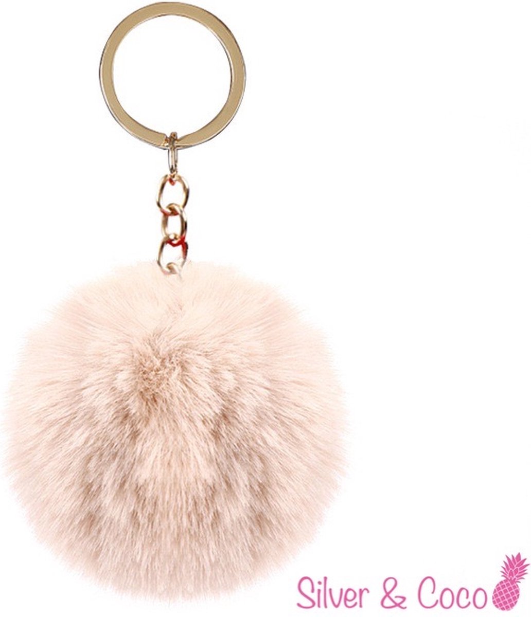 SilverAndCoco® - Meisjes Faux Fur Bal / Sleutelhanger Auto Huis / Key Chain Pom Pom / Sleutel Ring Nep Bol Imitatie Bont / Pluche Fluffy Bolletje / Sleutels Vrouwen - Wit / Beige