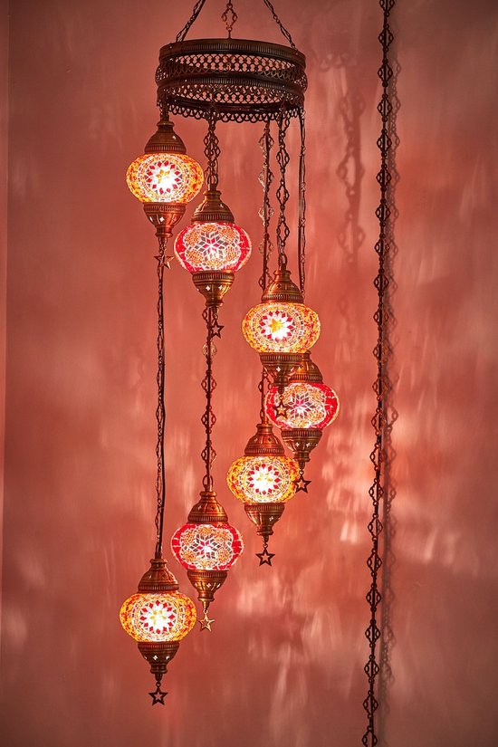 Turkse Hanglamp Mozaïek Lamp Marokkaanse Oosters kroonluchter Authentiek Handgemaakt 7 oranje rode bollen