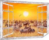 Gards Tuinposter Doorkijk Kudde Zebra's bij een Oranje Zonsondergang - 180x120 cm - Tuindoek - Tuindecoratie - Wanddecoratie buiten - Tuinschilderij