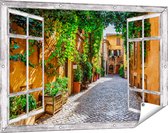 Gards Tuinposter Doorkijk Straatje in Rome met Groene Planten - 120x80 cm - Tuindoek - Tuindecoratie - Wanddecoratie buiten - Tuinschilderij
