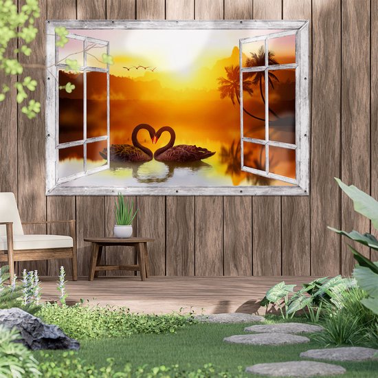 Gars Affiche de jardin Transparente Deux Cygnes Noirs en Forme de Coeur - 180x120 cm - Toile jardin - Décoration de jardin - Décoration murale extérieur - Tableau jardin