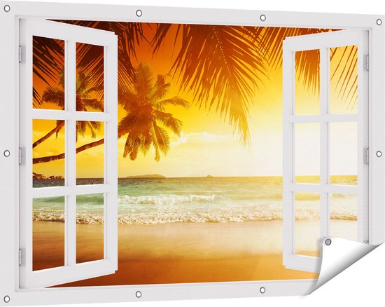 Gards Tuinposter Doorkijk Tropisch Strand tijdens Zonsondergang - 120x80 cm - Tuindoek - Tuindecoratie - Wanddecoratie buiten - Tuinschilderij