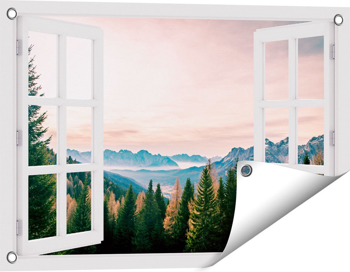 Gards Tuinposter Doorkijk Bos met Bomen bij Bergen Landschap - 60x40 cm - Tuindoek - Tuindecoratie - Wanddecoratie buiten - Tuinschilderij wit