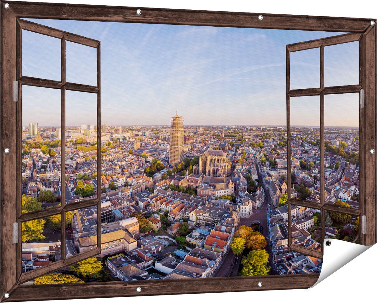 Gards Tuinposter Doorkijk Utrecht vanuit de Lucht - 150x100 cm - Tuindoek - Tuindecoratie - Wanddecoratie buiten - Tuinschilderij Donker bruin