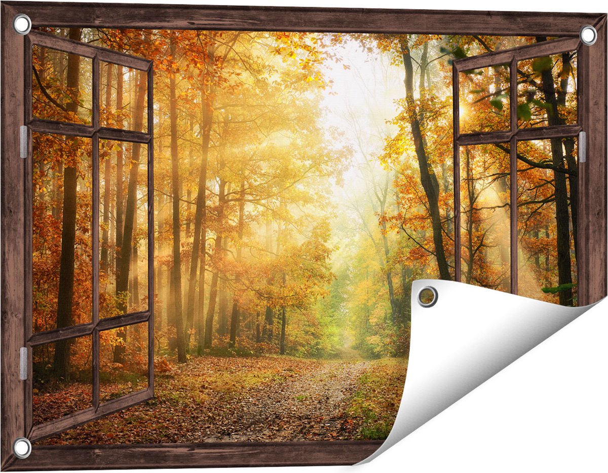 Gards Tuinposter Doorkijk Herfstbos met Zonneschijn - 60x40 cm - Tuindoek - Tuindecoratie - Wanddecoratie buiten - Tuinschilderij Donker bruin