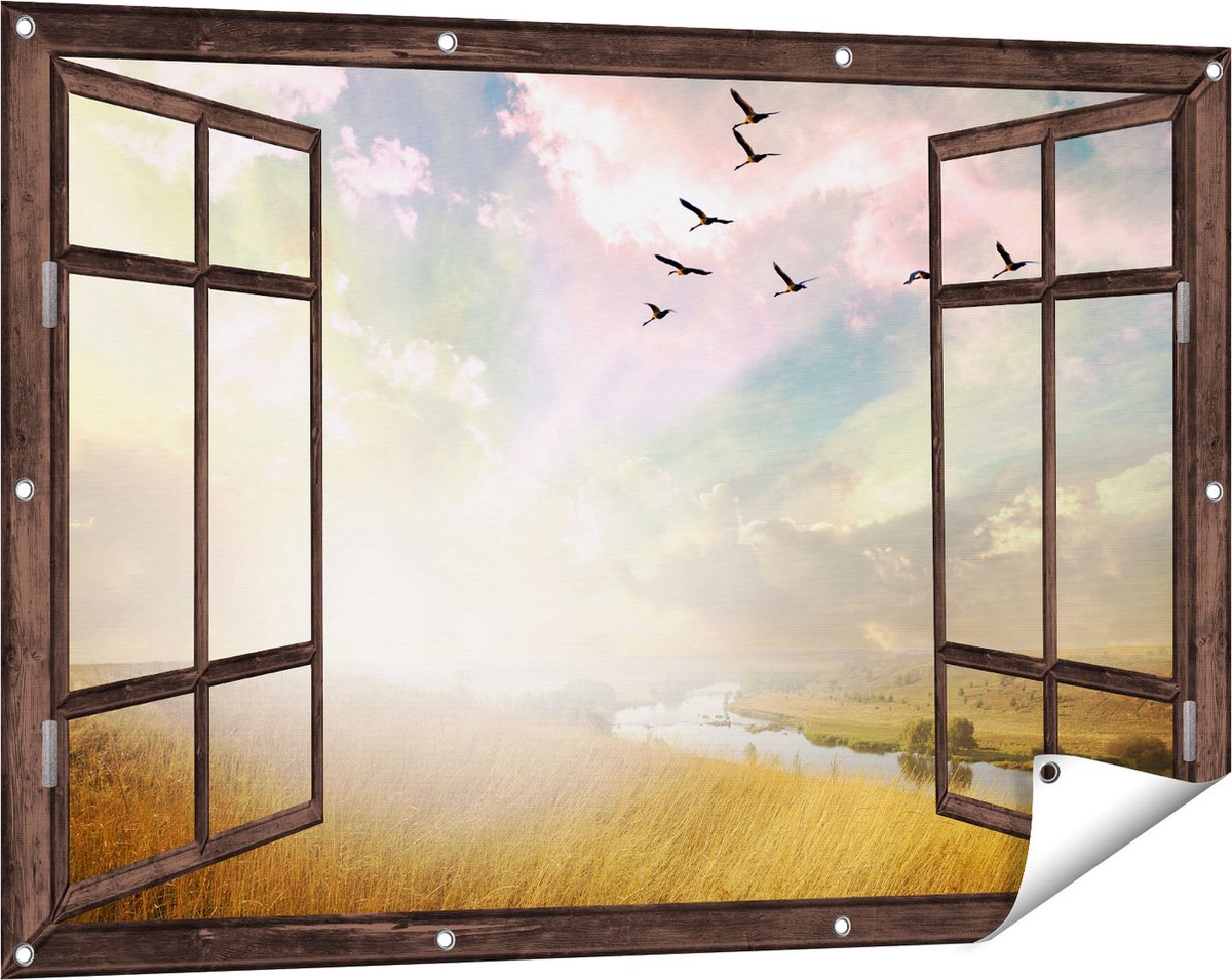 Gards Tuinposter Doorkijk Groep Vogels Vliegen Boven het Gras - 120x80 cm - Tuindoek - Tuindecoratie - Wanddecoratie buiten - Tuinschilderij Donker bruin
