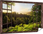 Gards Tuinposter Doorkijk Zonsondergang vanuit een Bos - 180x120 cm - Tuindoek - Tuindecoratie - Wanddecoratie buiten - Tuinschilderij