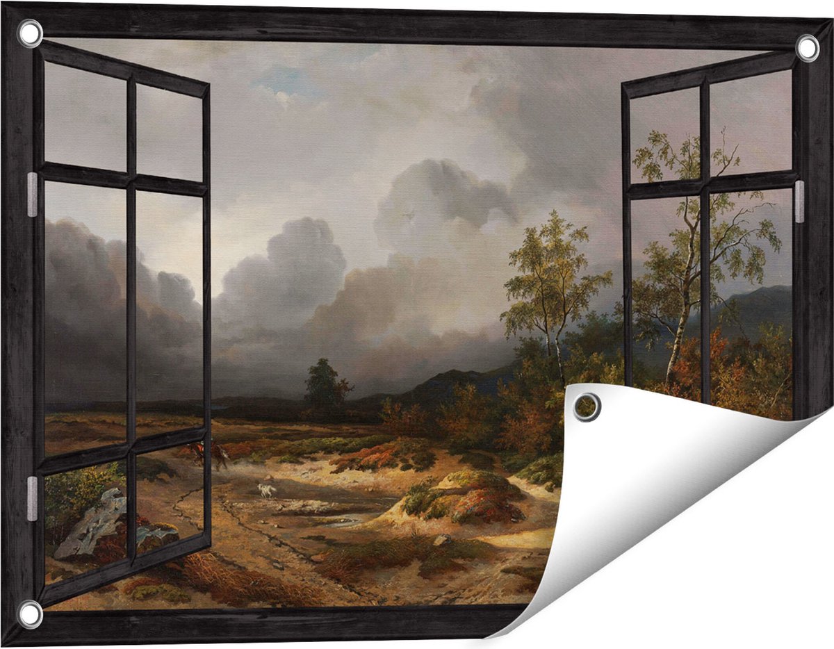 Gards Tuinposter Doorkijk Landschap bij Naderend Onweer - Willem Roelofs - 60x40 cm - Tuindoek - Tuindecoratie - Wanddecoratie buiten - Tuinschilderij Zwart