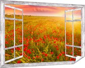 Gards Tuinposter Doorkijk Rode Klaproos Bloemenveld - Zonsondergang - 180x120 cm - Tuindoek - Tuindecoratie - Wanddecoratie buiten - Tuinschilderij