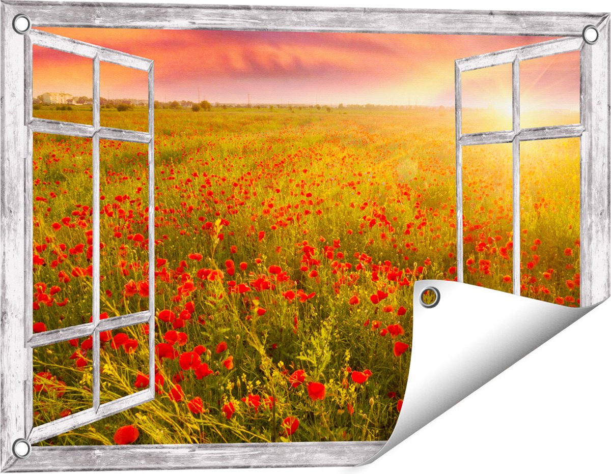 Gards Tuinposter Doorkijk Rode Klaproos Bloemenveld - Zonsondergang - 60x40 cm - Tuindoek - Tuindecoratie - Wanddecoratie buiten - Tuinschilderij grijs