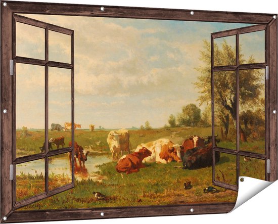 Gards Tuinposter Doorkijk Koeien in de Weide - Gerard Bilders - 150x100 cm - Tuindoek - Tuindecoratie - Wanddecoratie buiten - Tuinschilderij