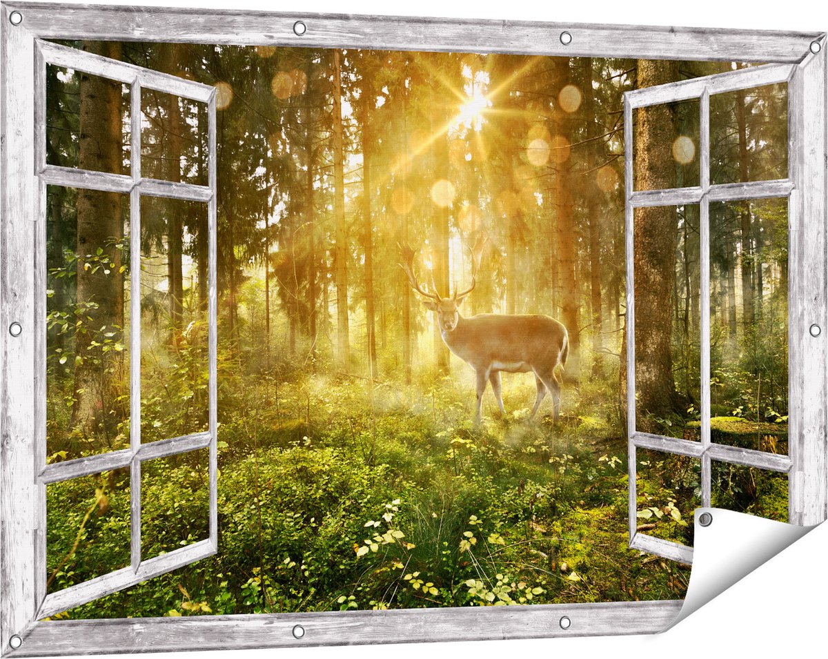 Gards Tuinposter Doorkijk Hert in Bos met Zon - 120x80 cm - Tuindoek - Tuindecoratie - Wanddecoratie buiten - Tuinschilderij Grijs