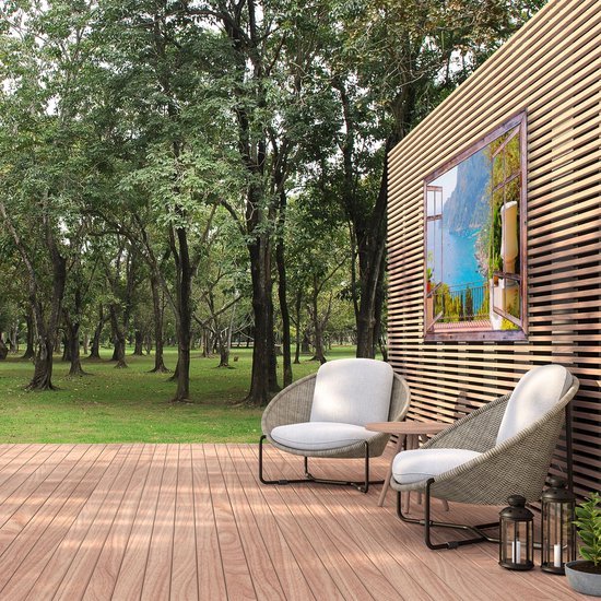 Gards Affiche jardin Vue transparente depuis la terrasse sur Montagnes - 150x100 cm - Toile jardin - Décoration de jardin - Décoration murale extérieur - Tableau jardin