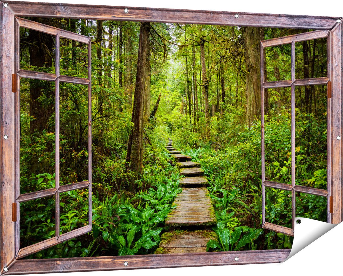 Gards Tuinposter Doorkijk Voetpad in het Bos met Groene Planten - 150x100 cm - Tuindoek - Tuindecoratie - Wanddecoratie buiten - Tuinschilderij Bruin