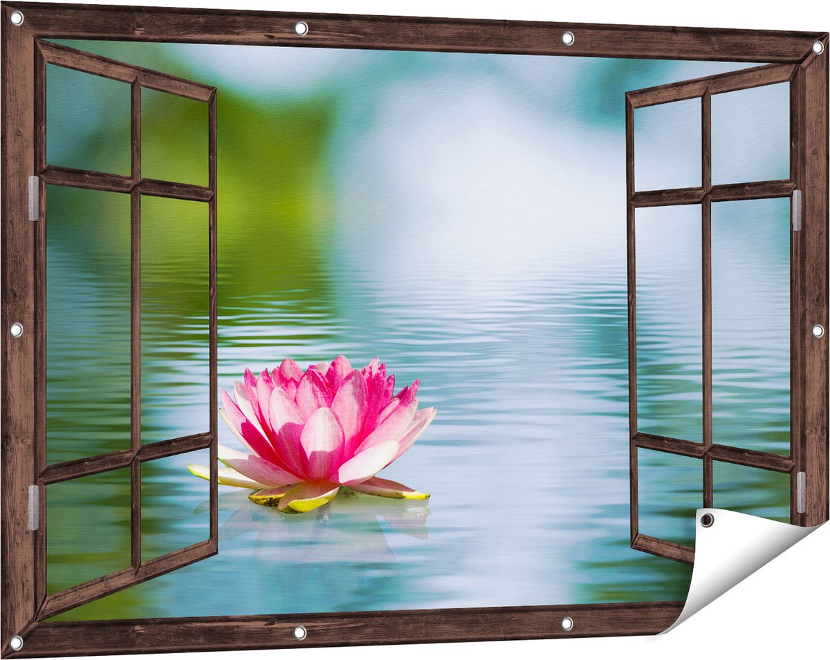 Gards Tuinposter Doorkijk Roze Lotusbloem op het Water - 120x80 cm - Tuindoek - Tuindecoratie - Wanddecoratie buiten - Tuinschilderij Donker bruin