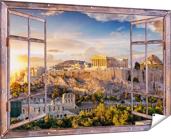 Gards Tuinposter Doorkijk Akropolis van Athene, Griekenland - Architectuur - 180x120 cm - Tuindoek - Tuindecoratie - Wanddecoratie buiten - Tuinschilderij