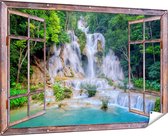 Gards Tuinposter Doorkijk Waterval in het Tropische Natuur - 180x120 cm - Tuindoek - Tuindecoratie - Wanddecoratie buiten - Tuinschilderij