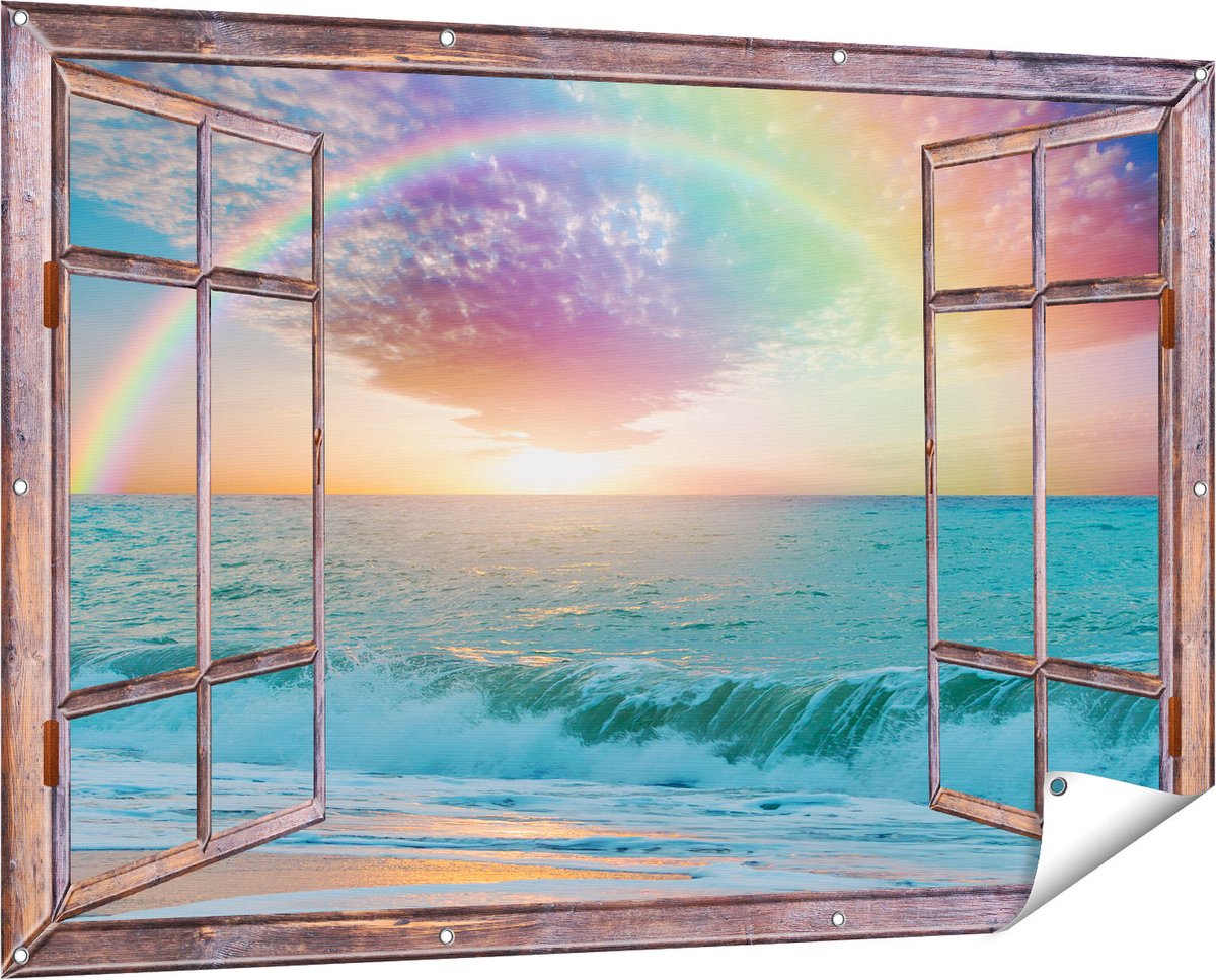 Gards Tuinposter Doorkijk Regenboog in het Water bij het Strand - 150x100 cm - Tuindoek - Tuindecoratie - Wanddecoratie buiten - Tuinschilderij Bruin