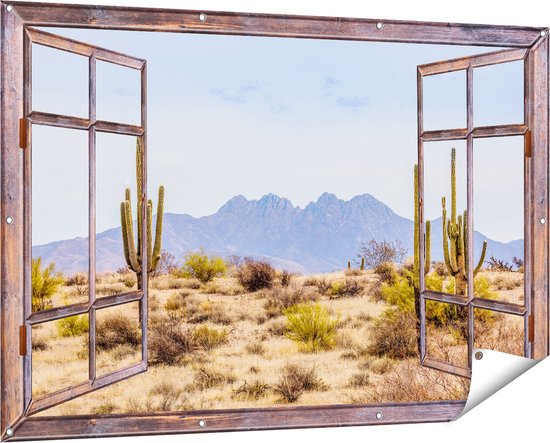Gards Tuinposter Doorkijk Cactussen in de Woestijn - 150x100 cm - Tuindoek - Tuindecoratie - Wanddecoratie buiten - Tuinschilderij