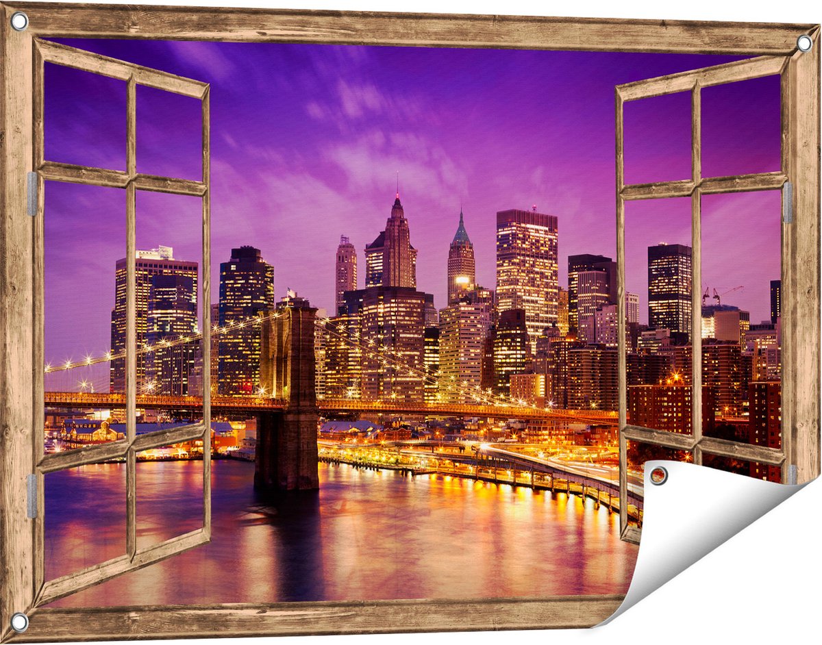 Gards Tuinposter Doorkijk Skyline New York van Centrum in het Paars - 90x60 cm - Tuindoek - Tuindecoratie - Wanddecoratie buiten - Tuinschilderij Licht bruin
