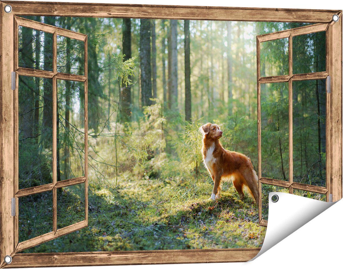 Gards Tuinposter Doorkijk Retriever Hond in het Bos met Zon - 90x60 cm - Tuindoek - Tuindecoratie - Wanddecoratie buiten - Tuinschilderij Licht bruin