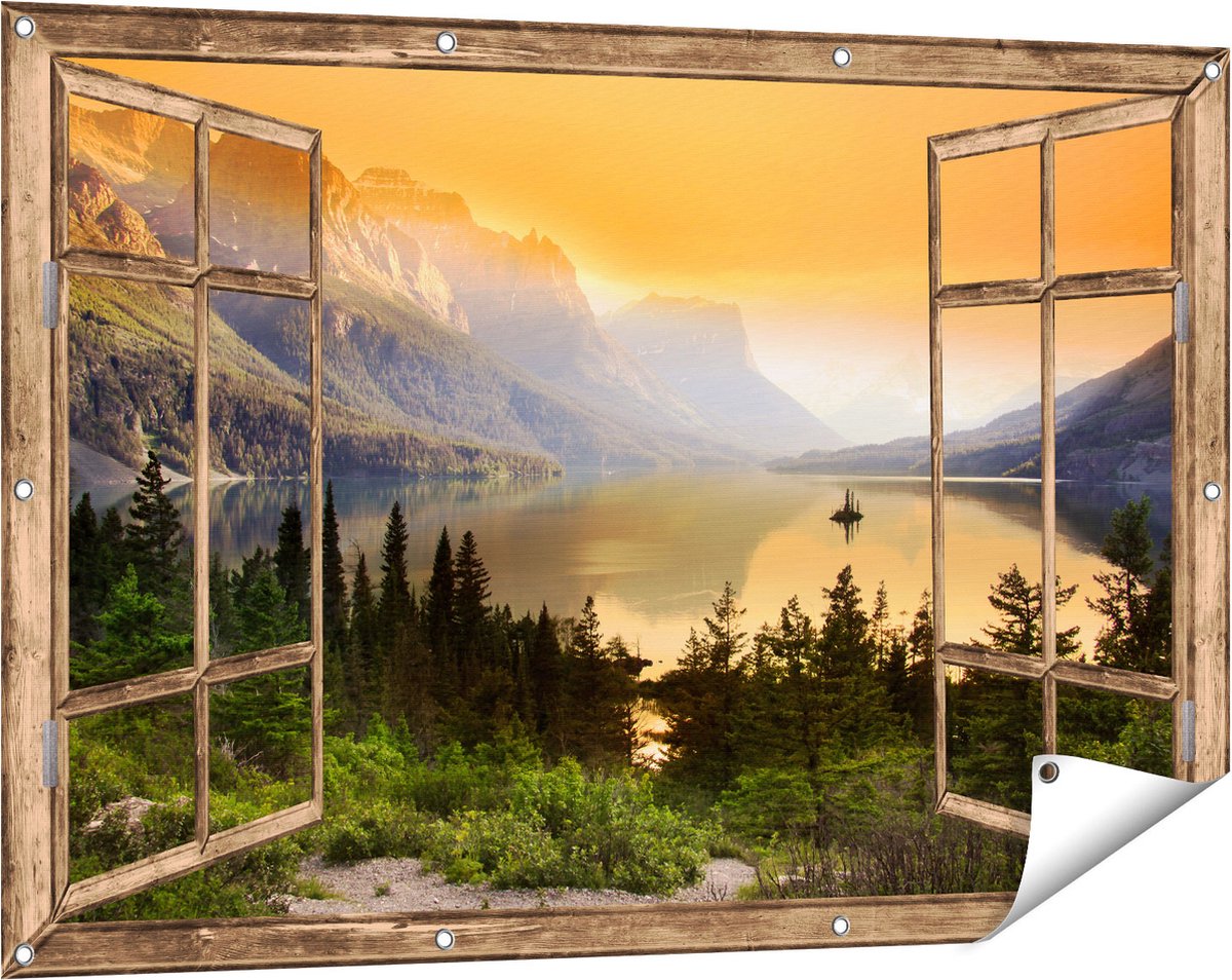 Gards Tuinposter Doorkijk Bergen met een Meer in Nationaal Park Glacier - 120x80 cm - Tuindoek - Tuindecoratie - Wanddecoratie buiten - Tuinschilderij Licht bruin