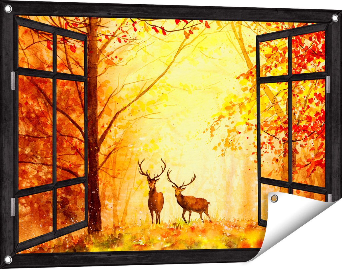 Gards Tuinposter Doorkijk Getekende Herten in het Bos - Herfst - 90x60 cm - Tuindoek - Tuindecoratie - Wanddecoratie buiten - Tuinschilderij Zwart
