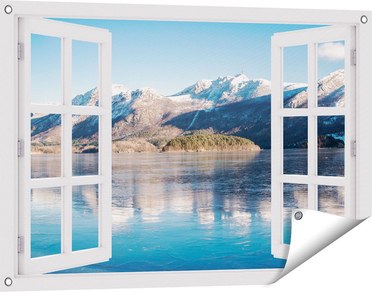 Gards Tuinposter Doorkijk Meer bij het Bergen Landschap in Noorwegen - 90x60 cm - Tuindoek - Tuindecoratie - Wanddecoratie buiten - Tuinschilderij wit