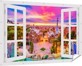 Gards Tuinposter Doorkijk Park Güell Uitzicht op Barcelona - 180x120 cm - Tuindoek - Tuindecoratie - Wanddecoratie buiten - Tuinschilderij