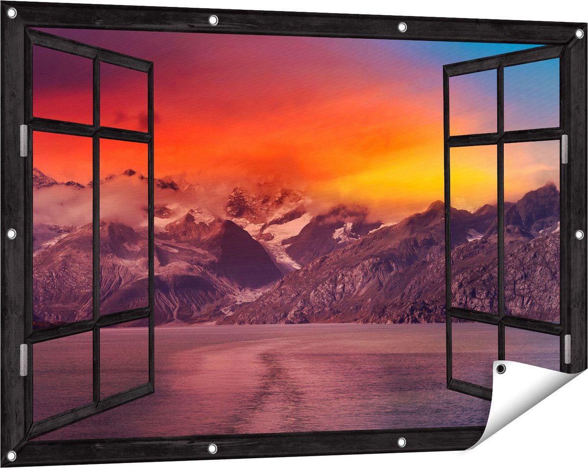 Gards Tuinposter Doorkijk Meer bij de Bergen bij Zonsondergang - 120x80 cm - Tuindoek - Tuindecoratie - Wanddecoratie buiten - Tuinschilderij Zwart