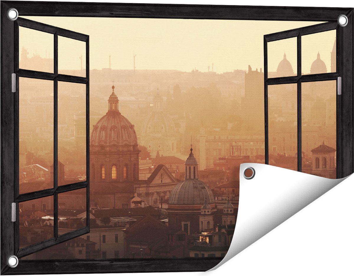 Gards Tuinposter Doorkijk Rome Stad bij Zonsopgang - 60x40 cm - Tuindoek - Tuindecoratie - Wanddecoratie buiten - Tuinschilderij Zwart