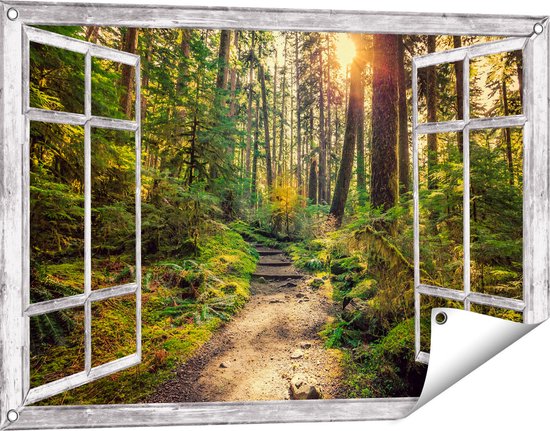 Gards Tuinposter Doorkijk Voetpad in het Bos - 90x60 cm - Tuindoek - Tuindecoratie - Wanddecoratie buiten - Tuinschilderij