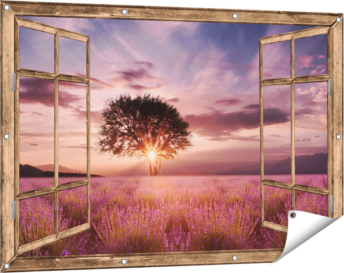 Gards Tuinposter Doorkijk Bloemenveld met Lavendel bij Zonsondergang - 120x80 cm - Tuindoek - Tuindecoratie - Wanddecoratie buiten - Tuinschilderij Licht bruin