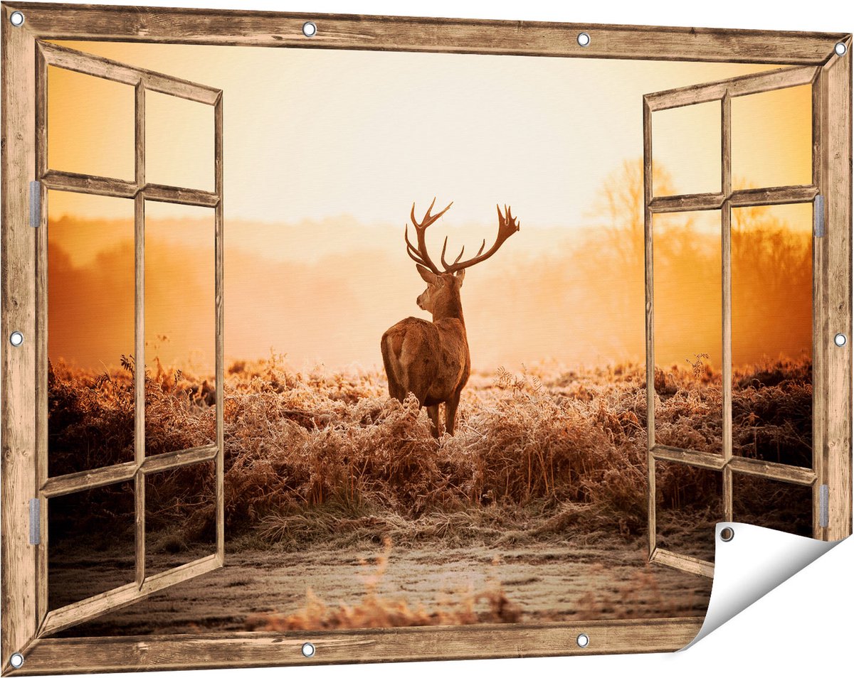 Gards Tuinposter Doorkijk Hert in de Wei tijdens de Zonsopkomst - 120x80 cm - Tuindoek - Tuindecoratie - Wanddecoratie buiten - Tuinschilderij licht bruin