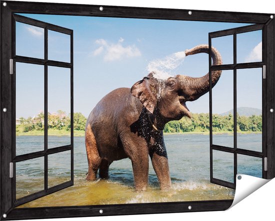 Gards Tuinposter Doorkijk Vrolijke Olifant in het Water - 150x100 cm - Tuindoek - Tuindecoratie - Wanddecoratie buiten - Tuinschilderij