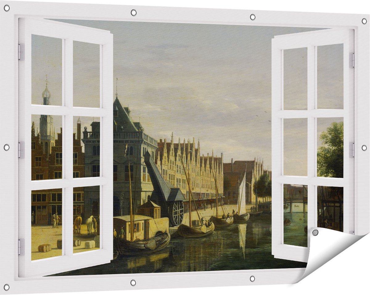 Gards Tuinposter Doorkijk De Waag en de Kraan aan het Spaarne te Haarlem - Gerrit Adriaensz Berckheyde - 120x80 cm - Tuindoek - Tuindecoratie - Wanddecoratie buiten - Tuinschilderij Wit