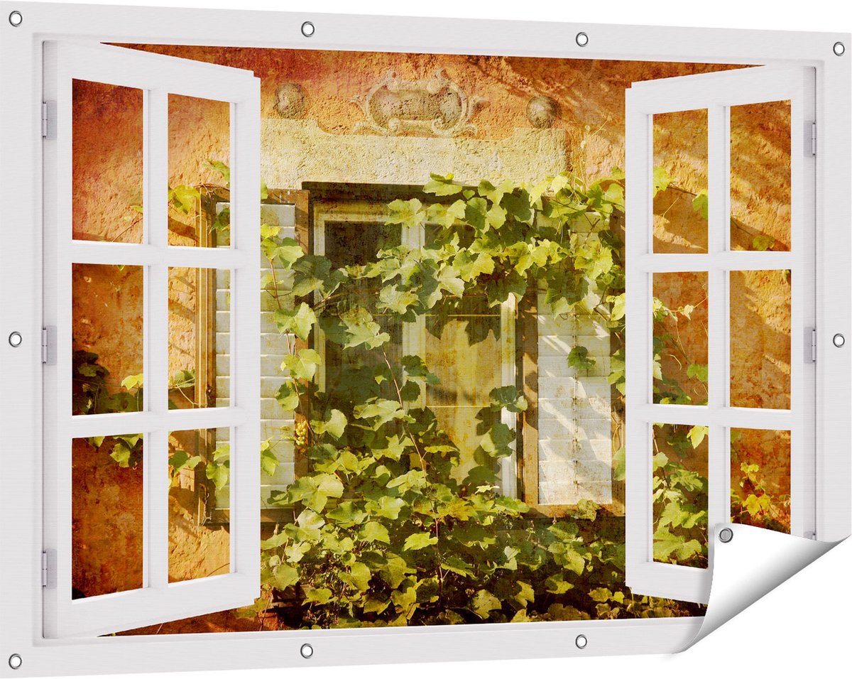 Gards Tuinposter Doorkijk Raam met Luiken - 120x80 cm - Tuindoek - Tuindecoratie - Wanddecoratie buiten - Tuinschilderij wit