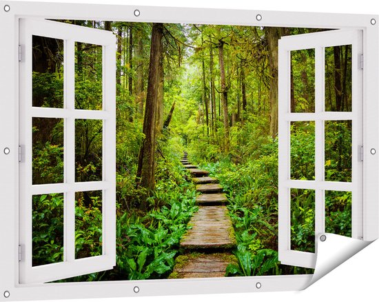 Gards Tuinposter Doorkijk Voetpad in het Bos met Groene Planten - 120x80 cm - Tuindoek - Tuindecoratie - Wanddecoratie buiten - Tuinschilderij