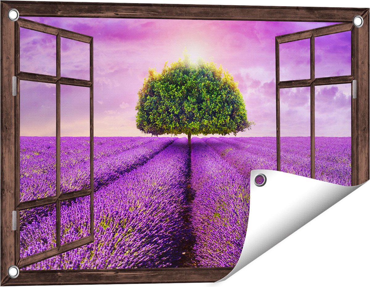 Gards Tuinposter Doorkijk Groene Boom in de Lavendel Bloemen - 60x40 cm - Tuindoek - Tuindecoratie - Wanddecoratie buiten - Tuinschilderij