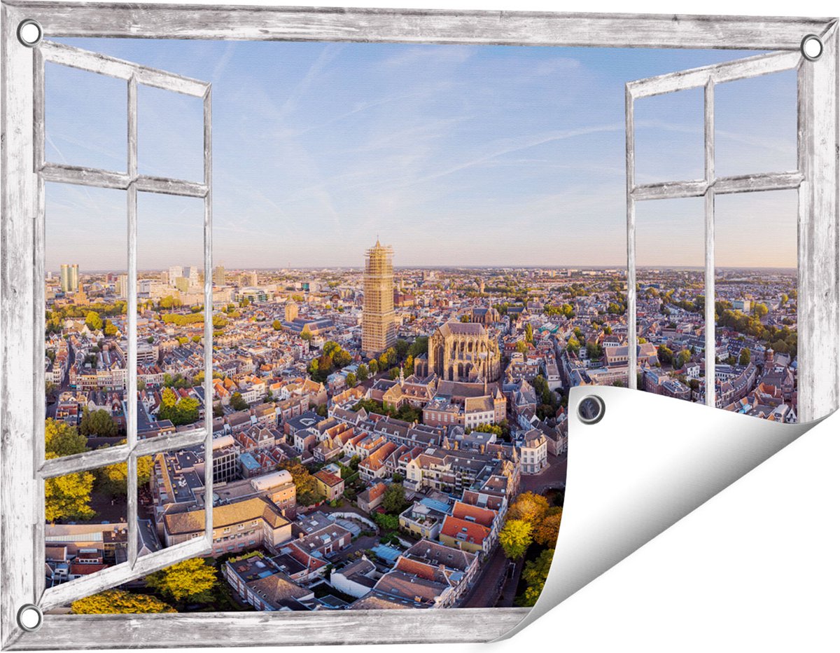 Gards Tuinposter Doorkijk Utrecht vanuit de Lucht - 60x40 cm - Tuindoek - Tuindecoratie - Wanddecoratie buiten - Tuinschilderij Grijs