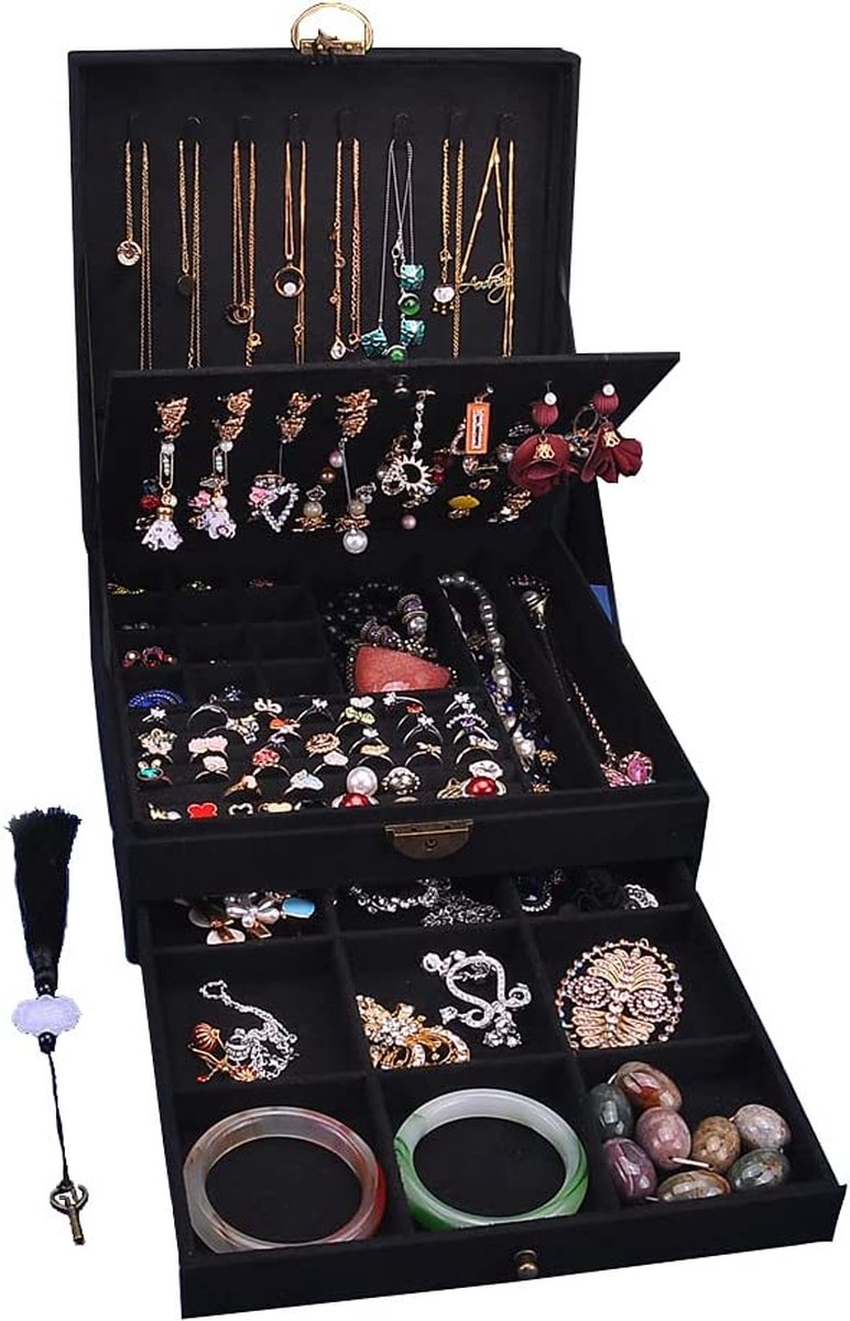 Sieradendoos voor dames, 3 lagen, grote sieraden-organizer, opbergdoos voor oorbellen, halskettingen, ringen, armbanden, sieradenhouder, afsluitbaar, sieradenkistje (zwart)