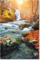 Tuinposter - Waterval - Water - Oranje - Bos - Bladeren - Stenen - 120x180 cm - Tuindoek - Tuindecoratie - Tuinposter waterval