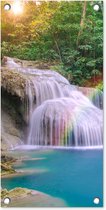 Tuinposter waterval - Regenboog - Zon - Natuur - Bomen - Tuindecoratie - Tuin - Tuinschilderij voor buiten - Schutting decoratie - 30x60 cm - Tuindoek - Schuttingdoek