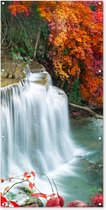 Tuinposter - Waterval - Natuur - Water - Oranje - Rood - Bladeren - 80x160 cm - Tuin - Tuindoek - Tuindecoratie - Tuinposter waterval