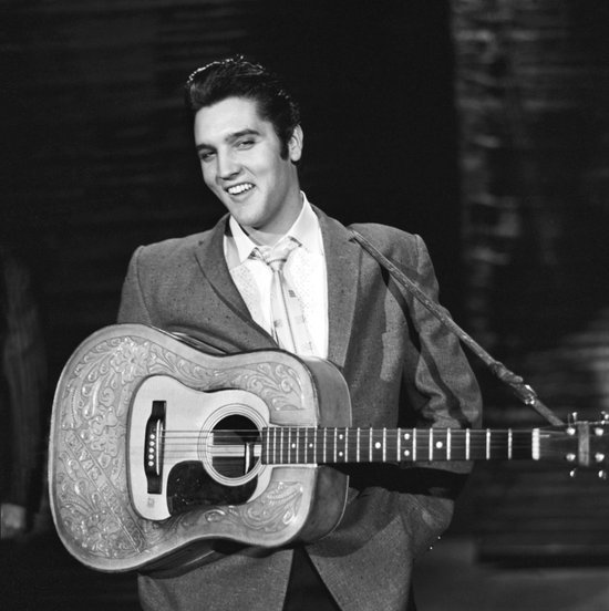 Tuinposter - Filmsterren / Retro - Elvis Presley in wit / grijs /zwart - 120 x 120 cm.