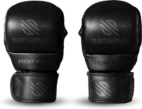 Zwarte Sanabul MMA-handschoenen met het logo en 'FIGHT FOR IT'.