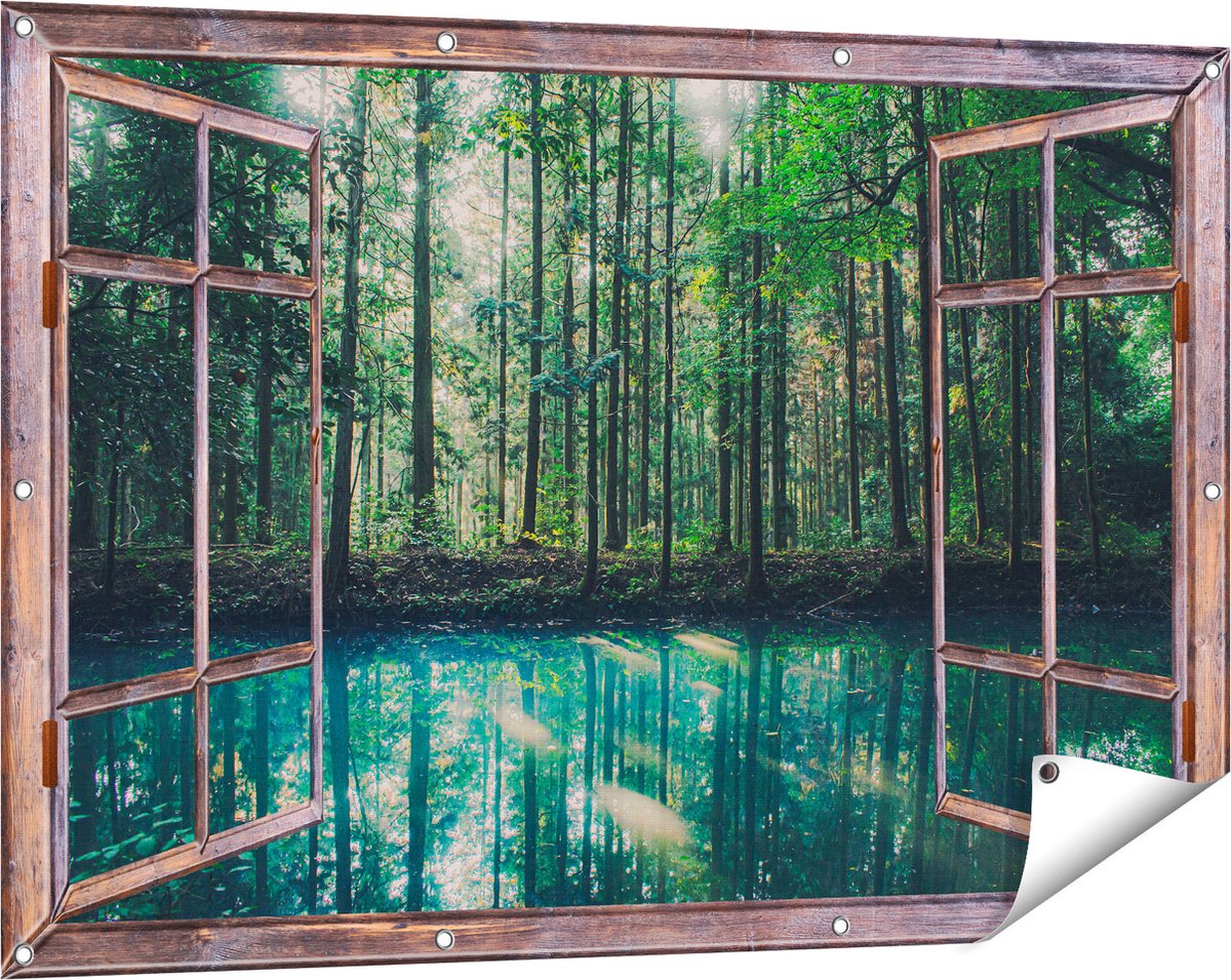 Gards Tuinposter Doorkijk Bos bij een Groen Meer - 120x80 cm - Tuindoek - Tuindecoratie - Wanddecoratie buiten - Tuinschilderij Bruin