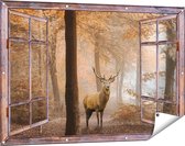 Gards Tuinposter Doorkijk Hert in het Bos - Herfst - 120x80 cm - Tuindoek - Tuindecoratie - Wanddecoratie buiten - Tuinschilderij